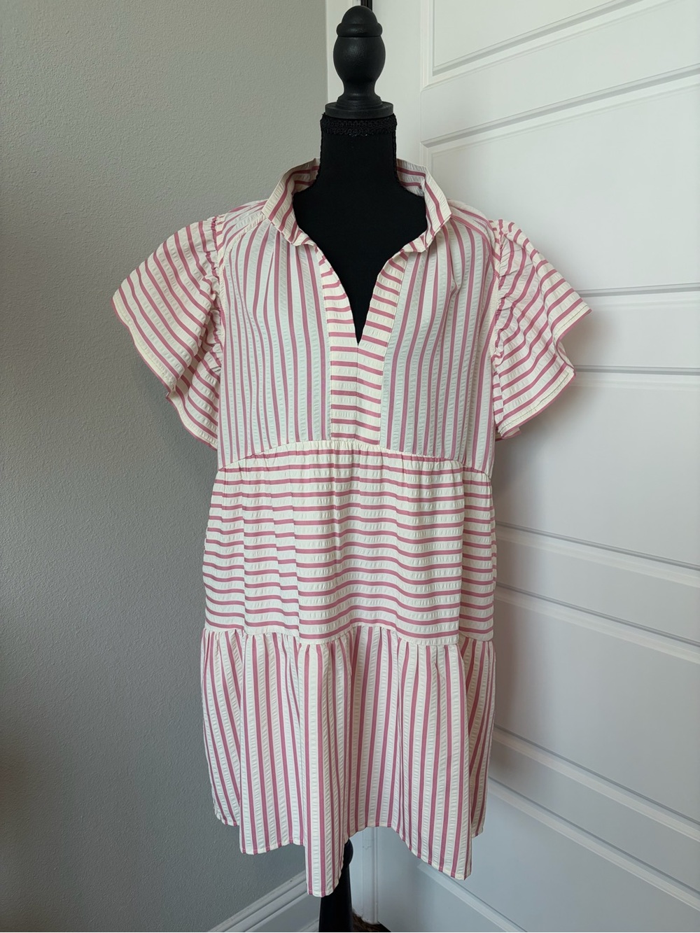 Umgee Pink & Cream Striped Seersucker Ruffle Dress L NWOT